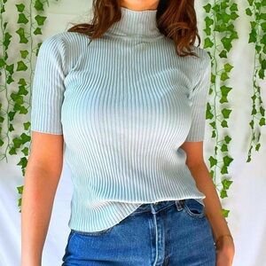 Vintage 90s Burberry baby blue silk ribbed short sleeve turtleneck top